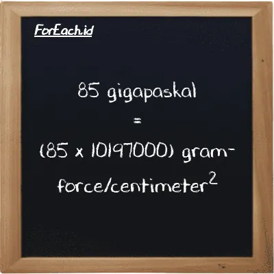 Cara konversi gigapaskal ke gram-force/centimeter<sup>2</sup> (GPa ke gf/cm<sup>2</sup>): 85 gigapaskal (GPa) setara dengan 85 dikalikan dengan 10197000 gram-force/centimeter<sup>2</sup> (gf/cm<sup>2</sup>)